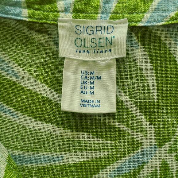Sigrid Olsen Top Womens Size Medium Green/ Blue Palm Leaf 100% Linen Button Up - Picture 5 of 10